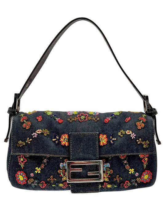 Fendi Vintage Blue Denim Floral Embroidered Beaded Shoulder Baguette Bag