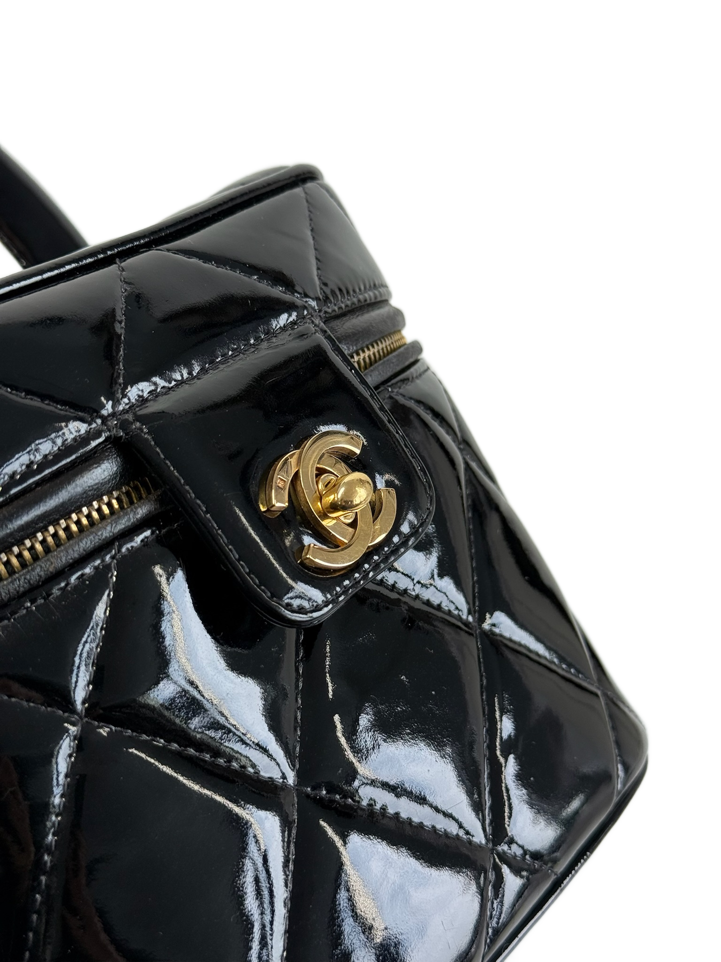Chanel Vintage 1997 Black Quilted Patent Leather Turnlock Top Handle Vanity Bag w 24K GPHW