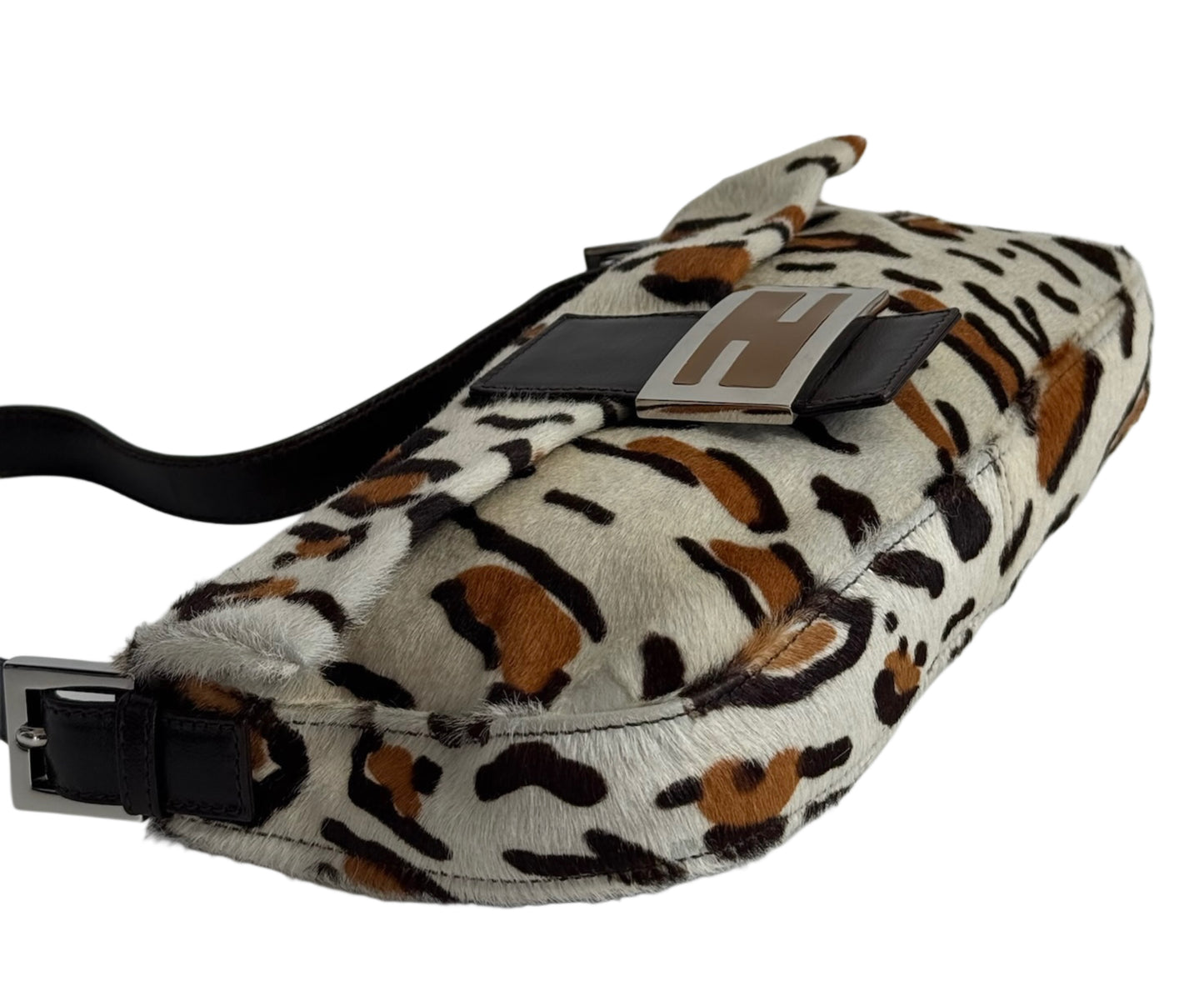 Fendi Vintage White & Brown Leopard Print Pony Hair Shoulder Baguette Bag