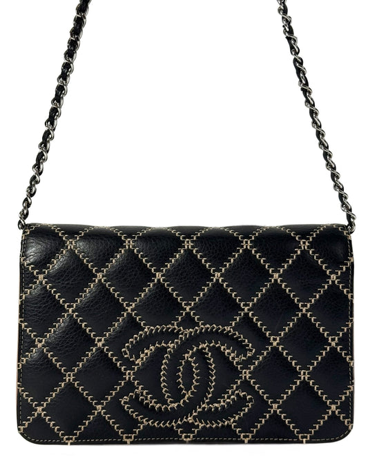 Chanel Black Calfskin Beige CC Wild Stitch Wallet on Chain