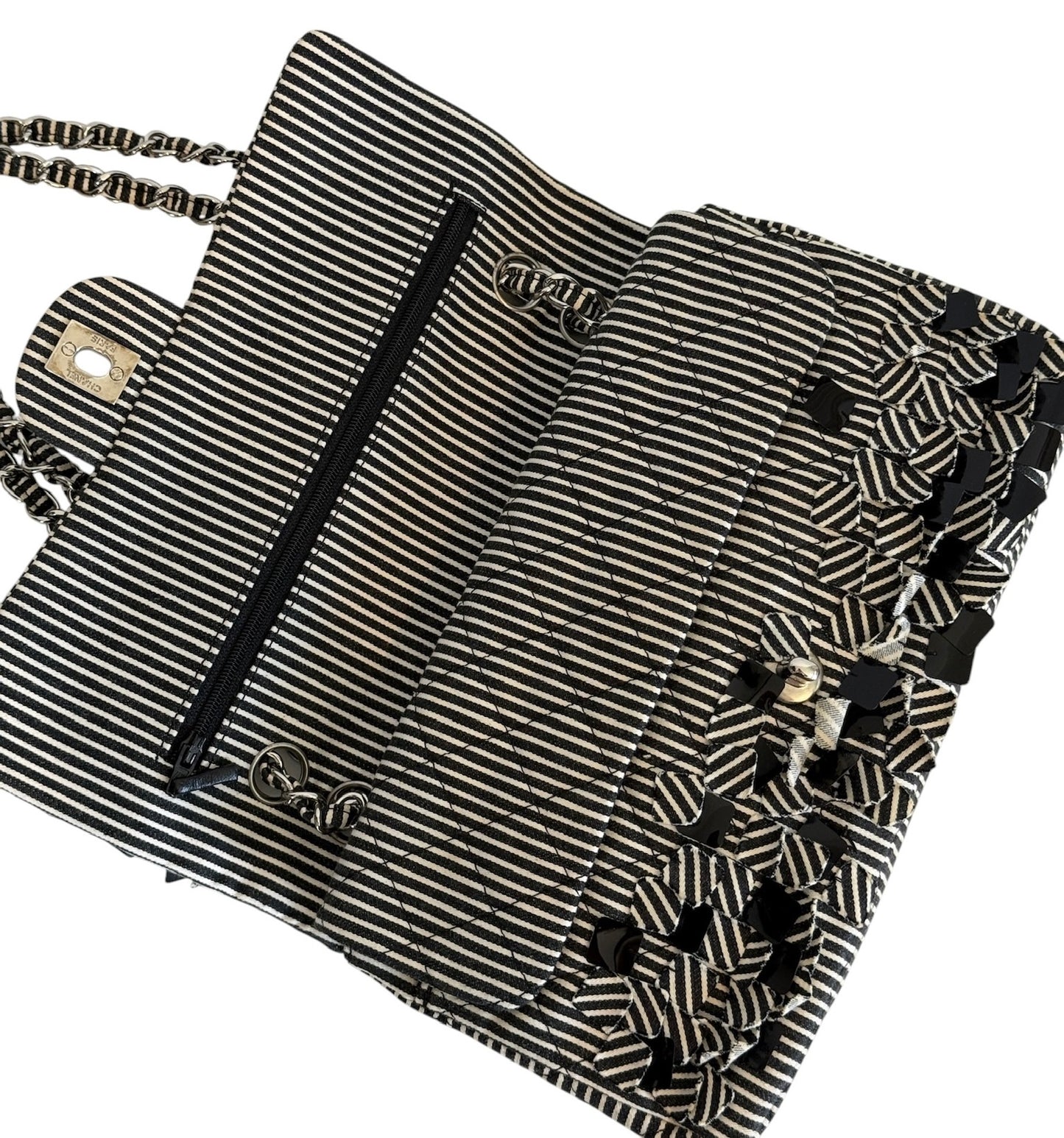 Chanel Vintage 2008 Black & White Striped Quilted Canvas Sequin Medium Classic Double Flap Bag