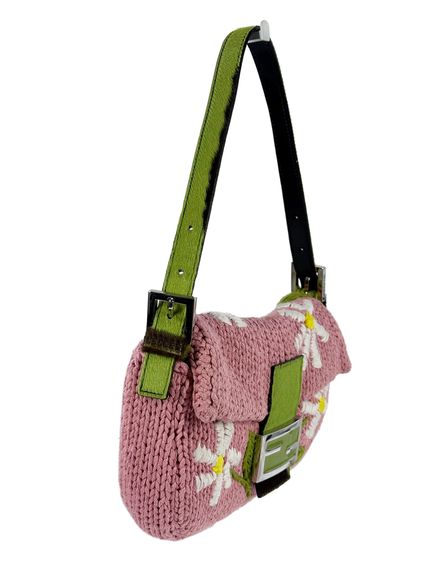 Fendi Vintage Pink Knit Crochet Floral Embroidered Green Cow Print Pony Hair Trim Shoulder Baguette Bag