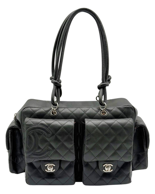 Chanel Vintage 00s Black Quilted Lambskin CC Cambon Large Reporter Shoulder Bag