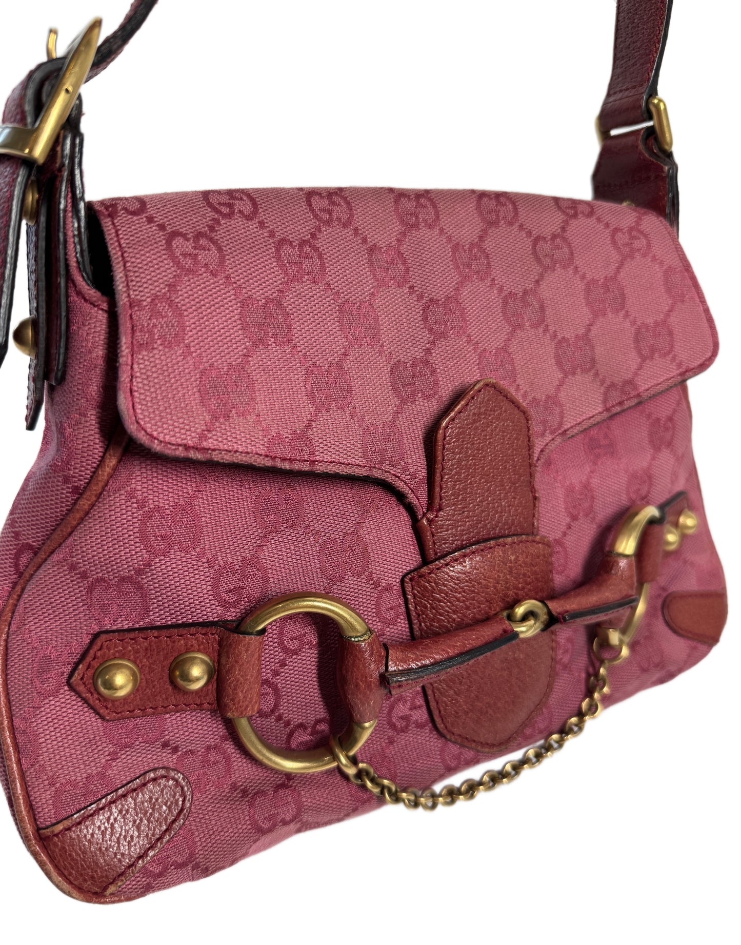 Gucci Vintage Fuchsia Pink GG Monogram Small 1955 Horsebit Shoulder Bag