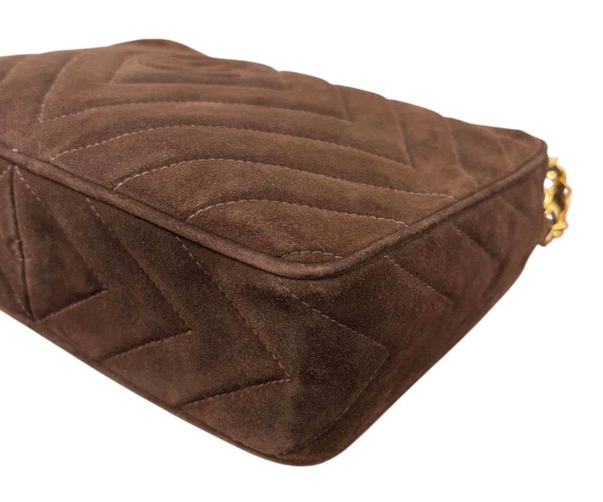 Chanel Vintage 90s Brown Suede Diamond Quilted Camera Bag with Tassel with 24K GPHW