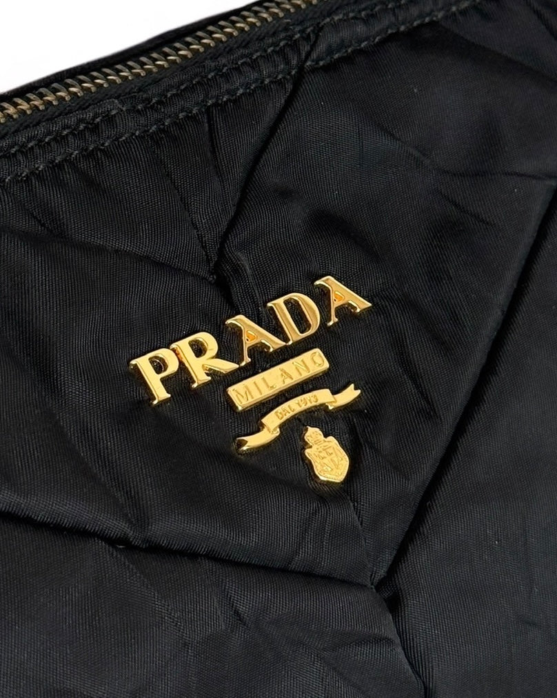 Prada Vintage Black Chevron Quilted Nylon Medium Hobo Top Handle Pochette Bag