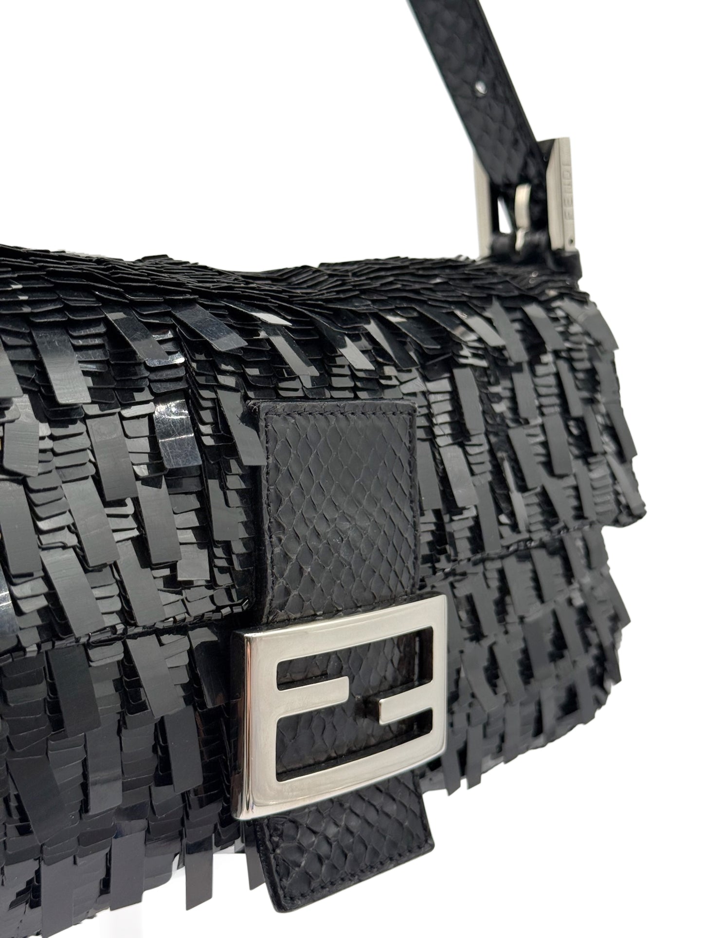 Fendi Vintage Black Palilettes Sequin & Beaded Shoulder Baguette Bag with Snakeskin Trim