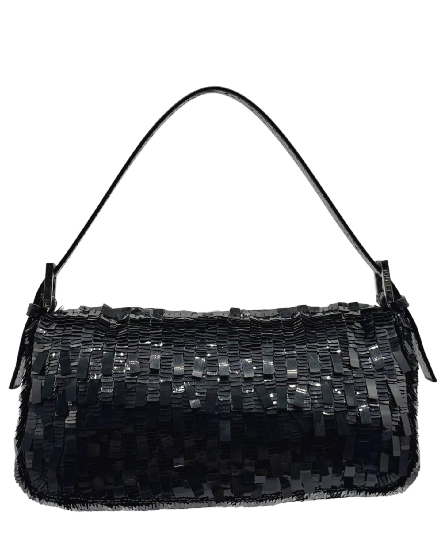 Fendi Vintage Black Palilettes Sequin & Beaded Shoulder Baguette Bag with Snakeskin Trim