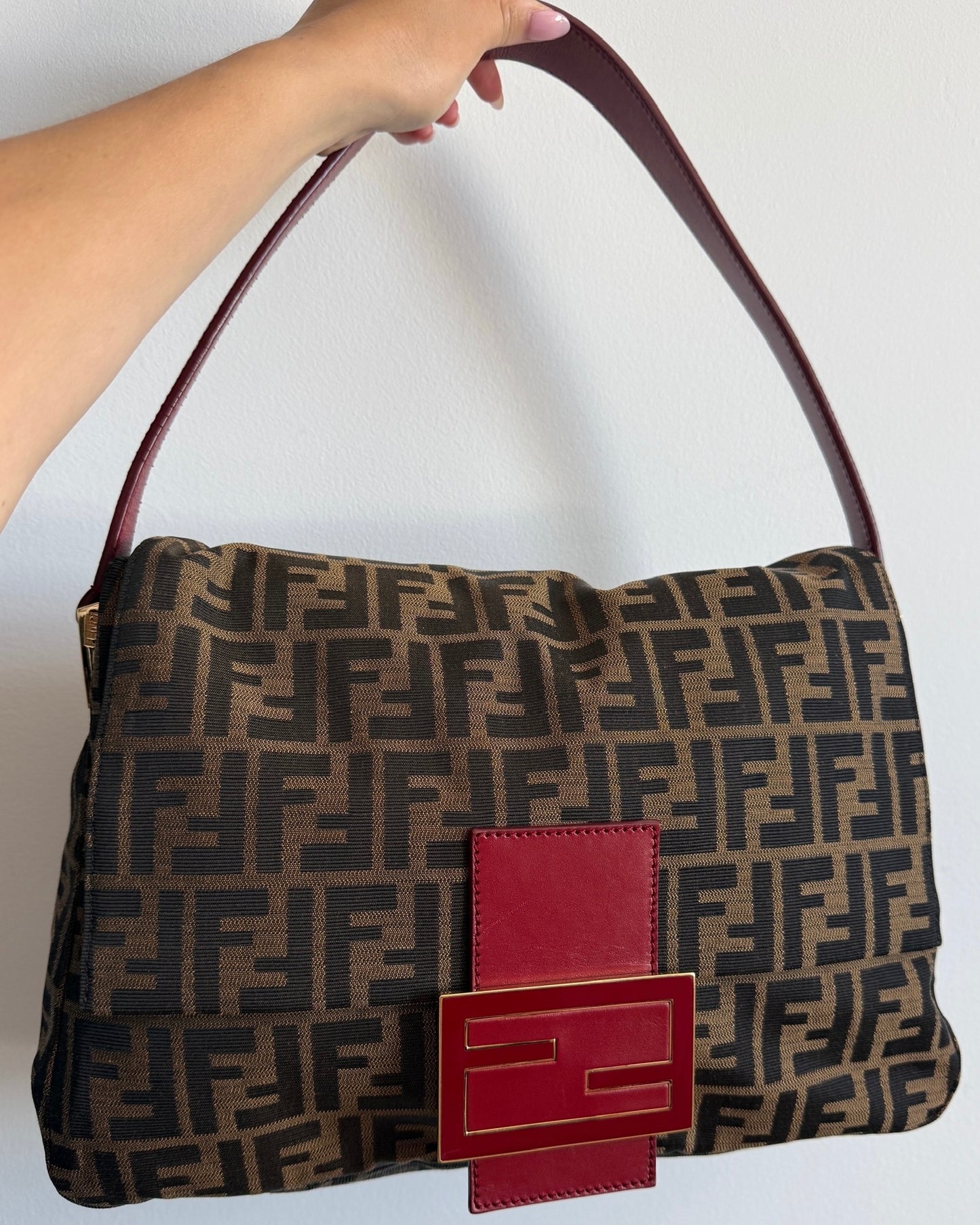 Fendi Vintage Brown Zucca Monogram Canvas Red Leather Trim XL Jumbo Mamma Baguette Shoulder Bag