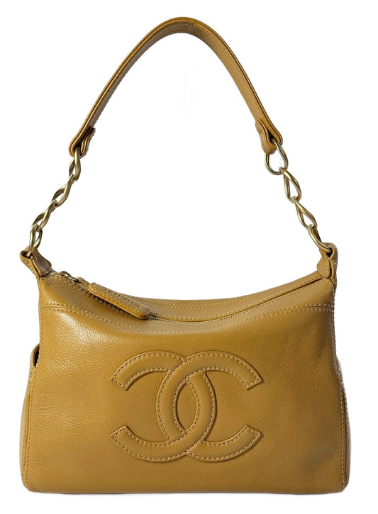 Chanel Vintage 00s Beige Caviar Leather Timeless CC Chain Shoulder Bag