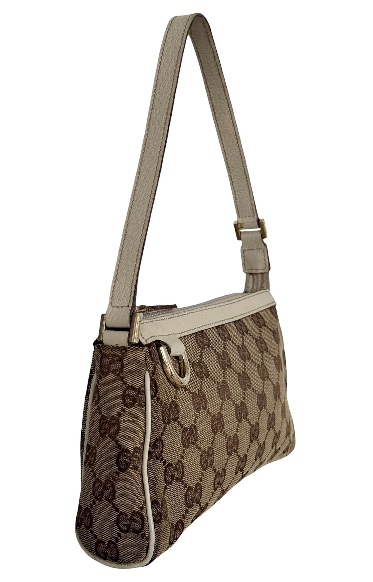 Gucci Vintage Brown GG Monogram Ivory Leather Trim Abbey Pochette