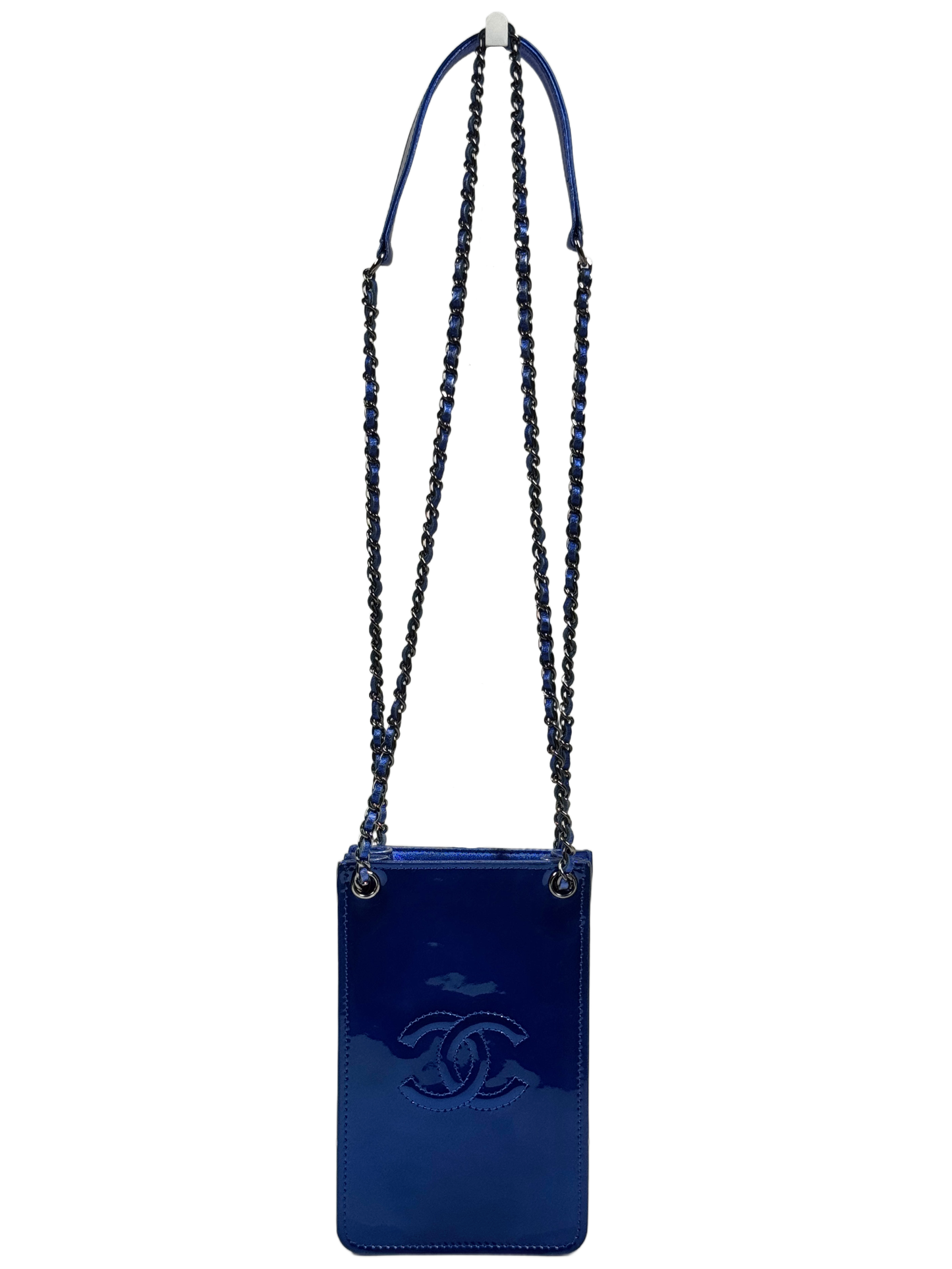 Chanel 2014 Cobalt Blue Metallic Patent Leather Phone Holder Shoulder Crossbody Bag