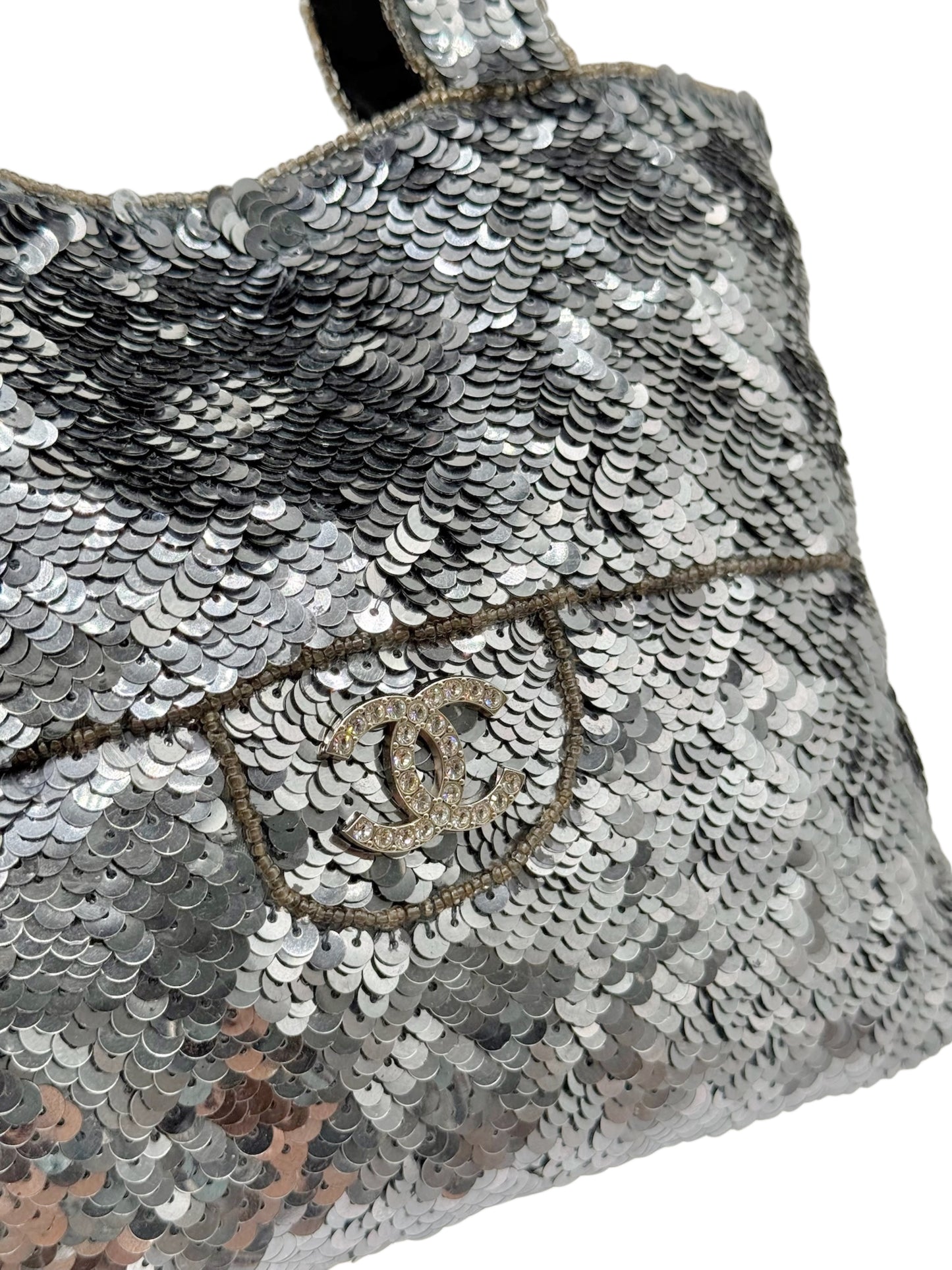 Chanel Vintage 90s Silver Sequin Beaded Crystal CC Mini Trompe L’oeil Evening Bag
