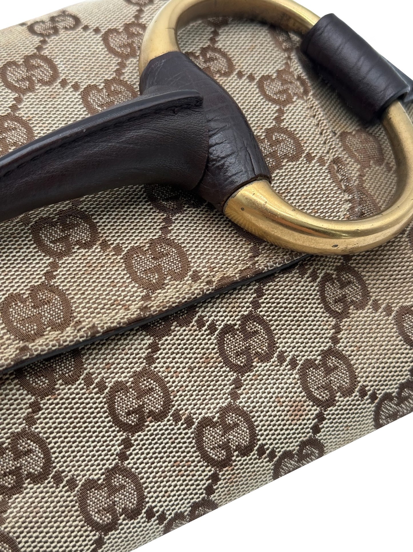 Gucci Vintage Brown GG Monogram Large Horsebit Shoulder Clutch Pochette Bag