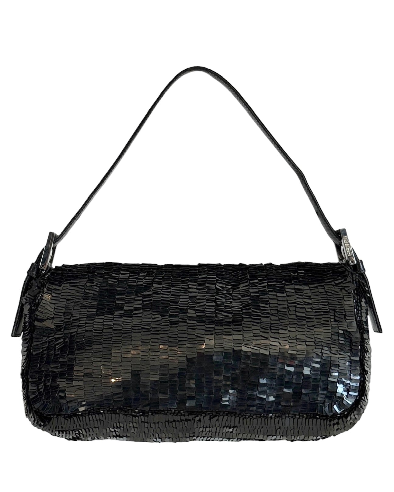 Fendi Vintage Black Paillettes Sequin Beaded Shoulder Baguette Bag