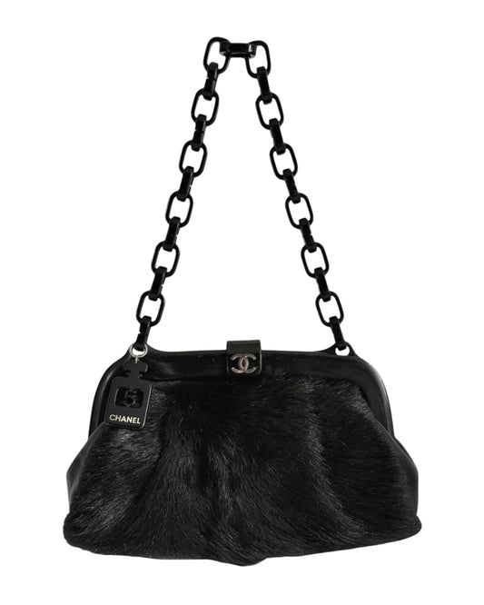 Chanel Vintage 00s Black Rabbit Fur Resin No. 5 Kisslock Chain Shoulder Bag