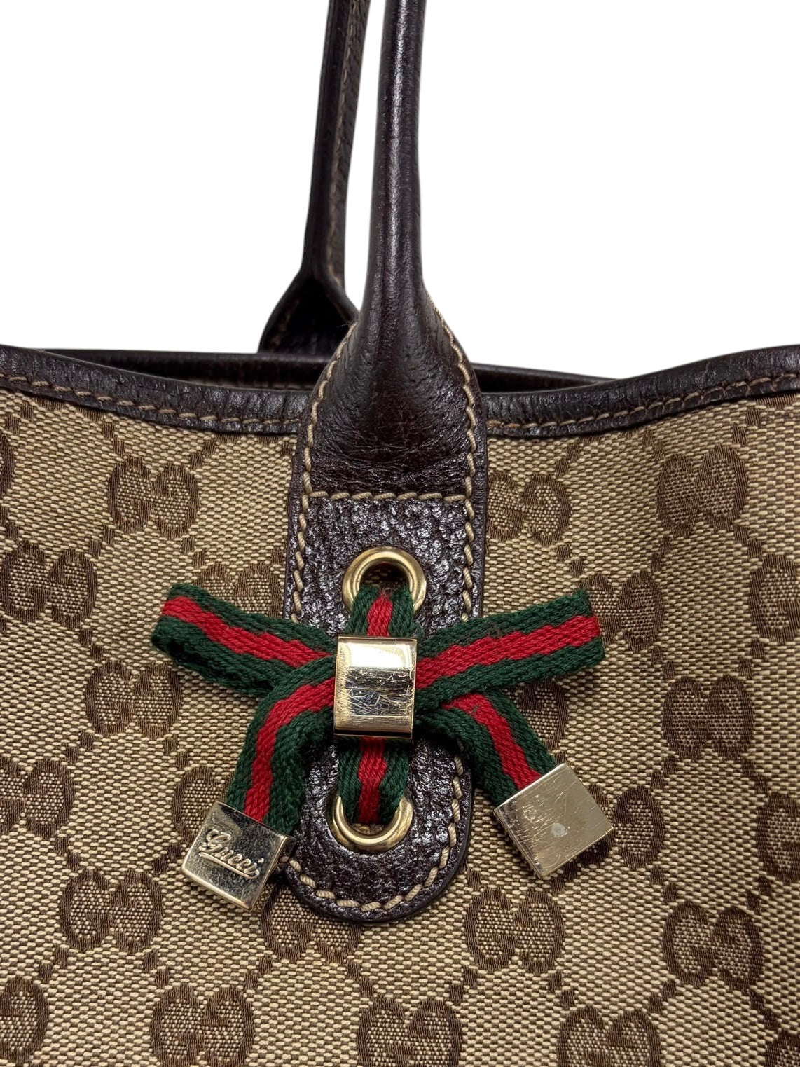 Gucci Vintage Brown GG Monogram Medium Princy Shoulder Tote Bag with Webb Stripe Bow