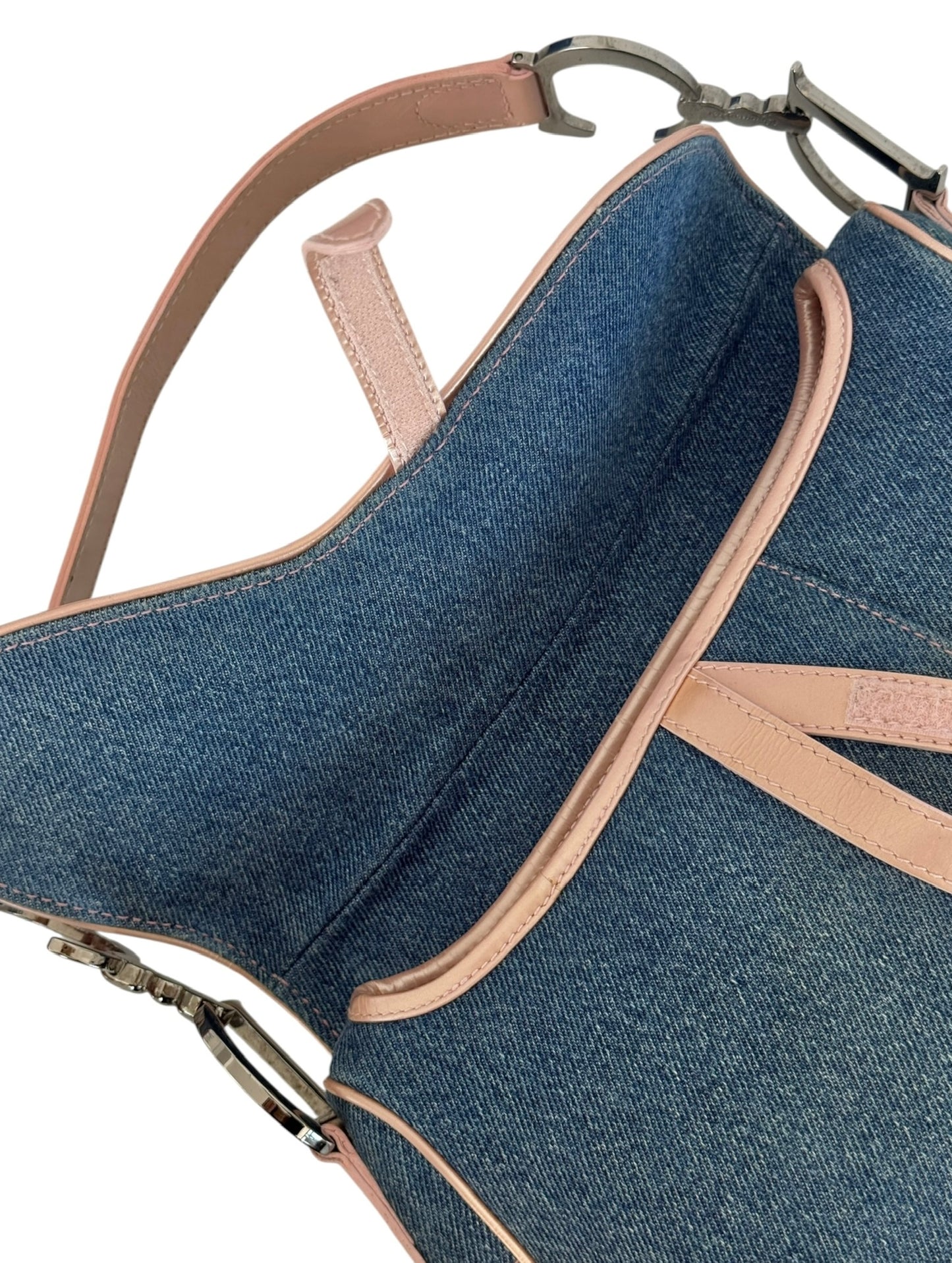 Dior Vintage 2002 Light Blue Denim Pink Patent Trim Jeans Saddle Bag