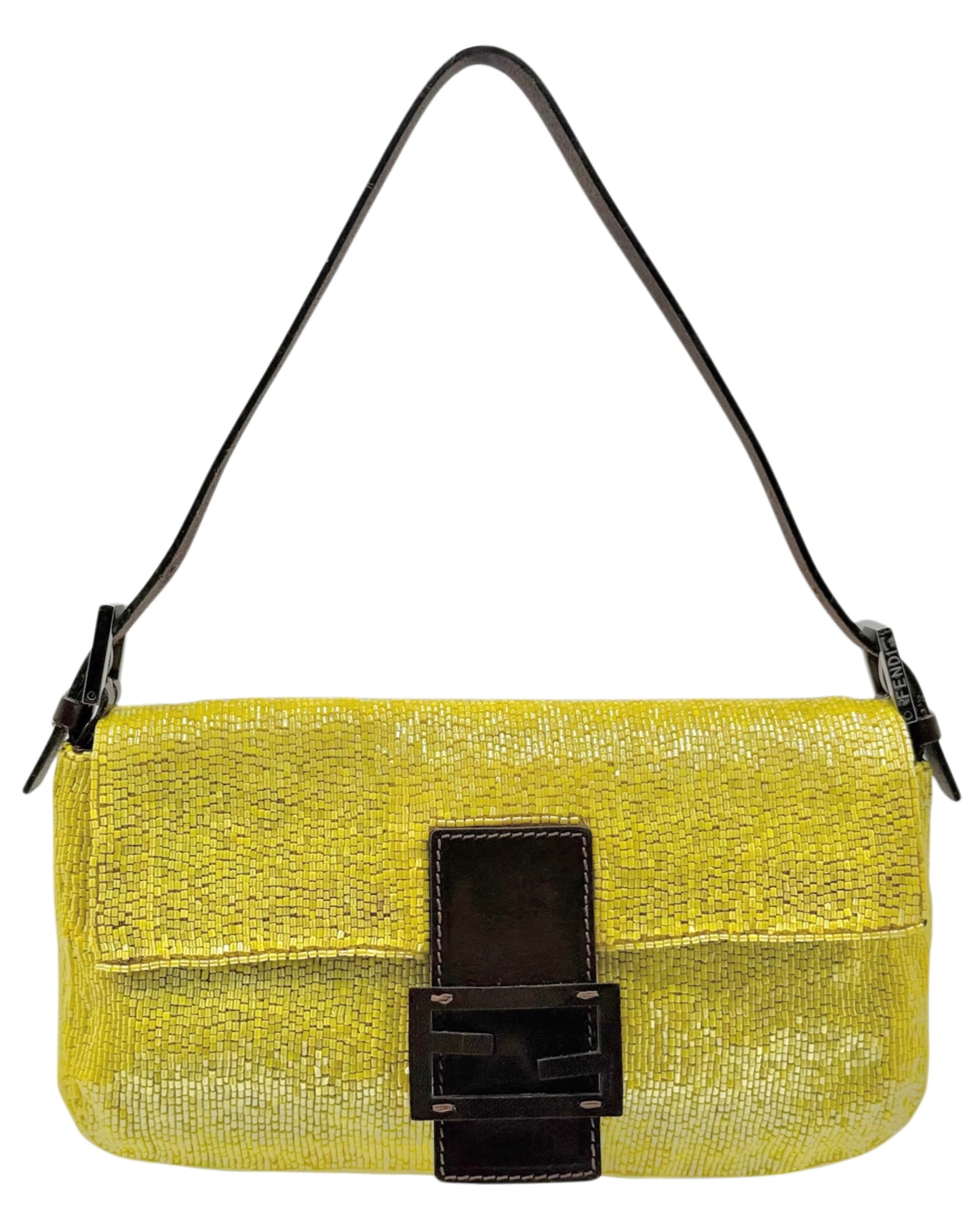 Fendi Vintage Neon Yellow Beaded Baguette Shoulder Bag