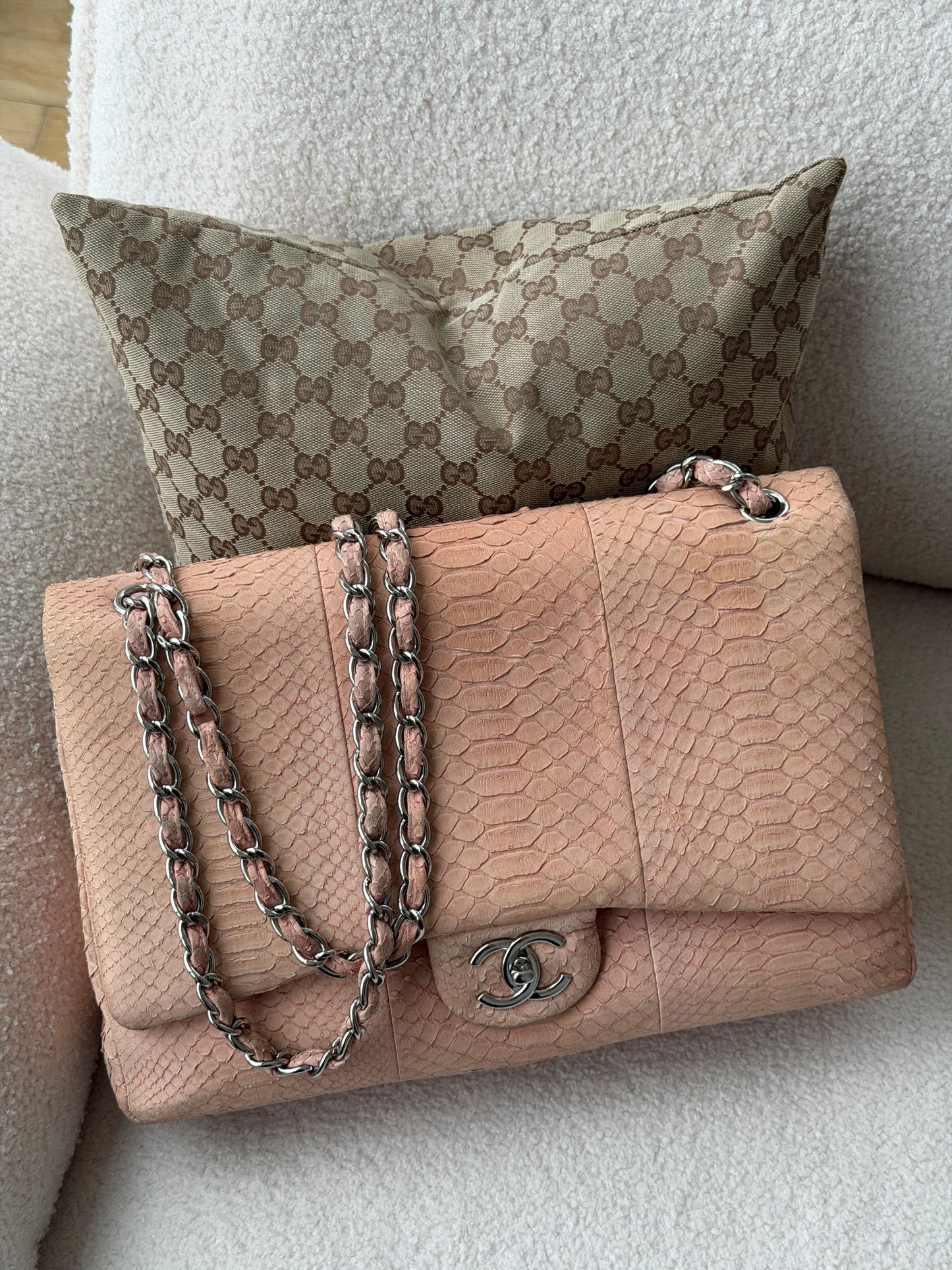 Chanel 2011 Rose Pink Python Classic Jumbo Double Flap Bag with Silver Hardware