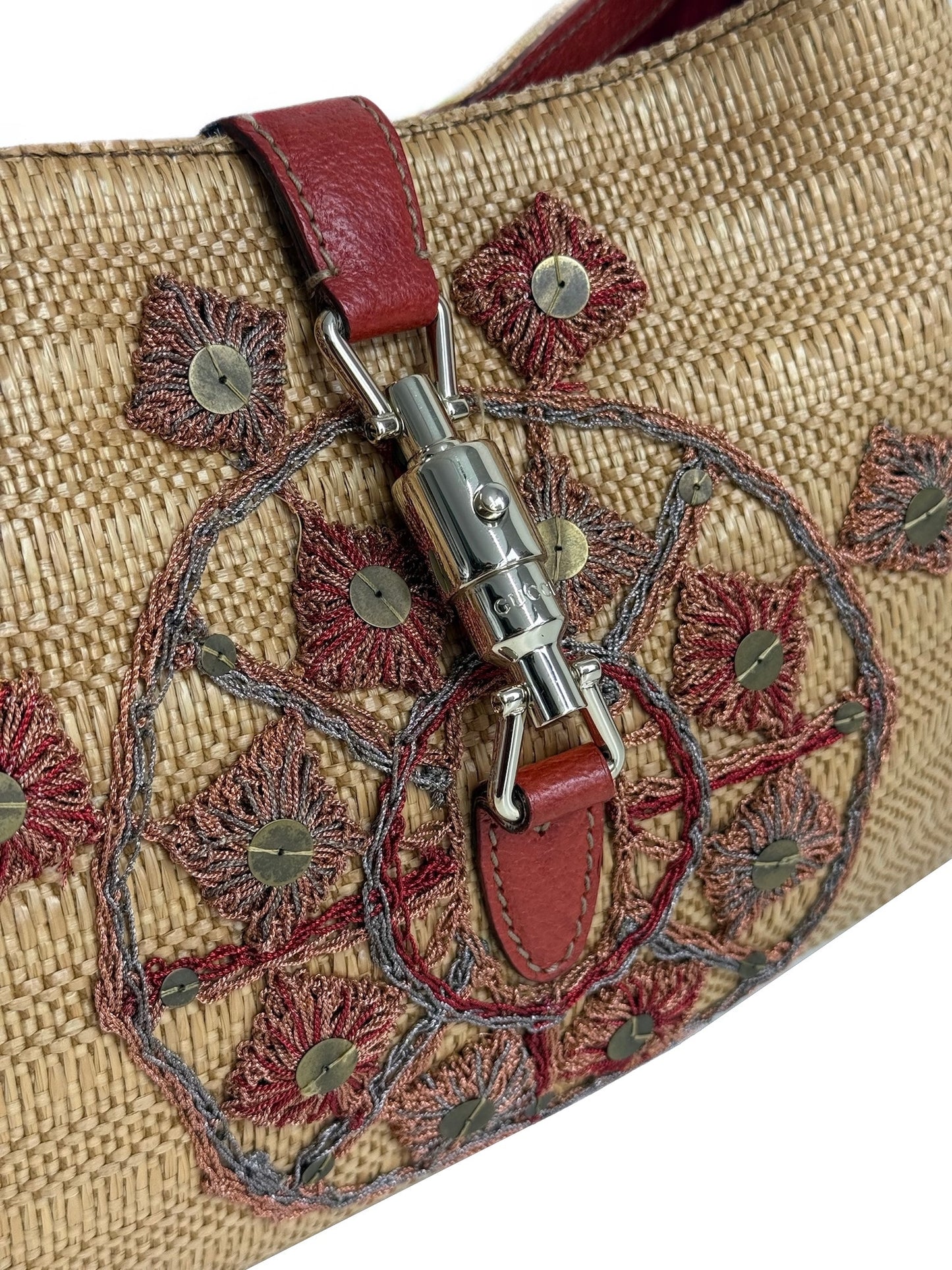 Gucci Brown Raffia & Red Leather Embellished Sequin Medium Jackie Hobo Shoulder Bag