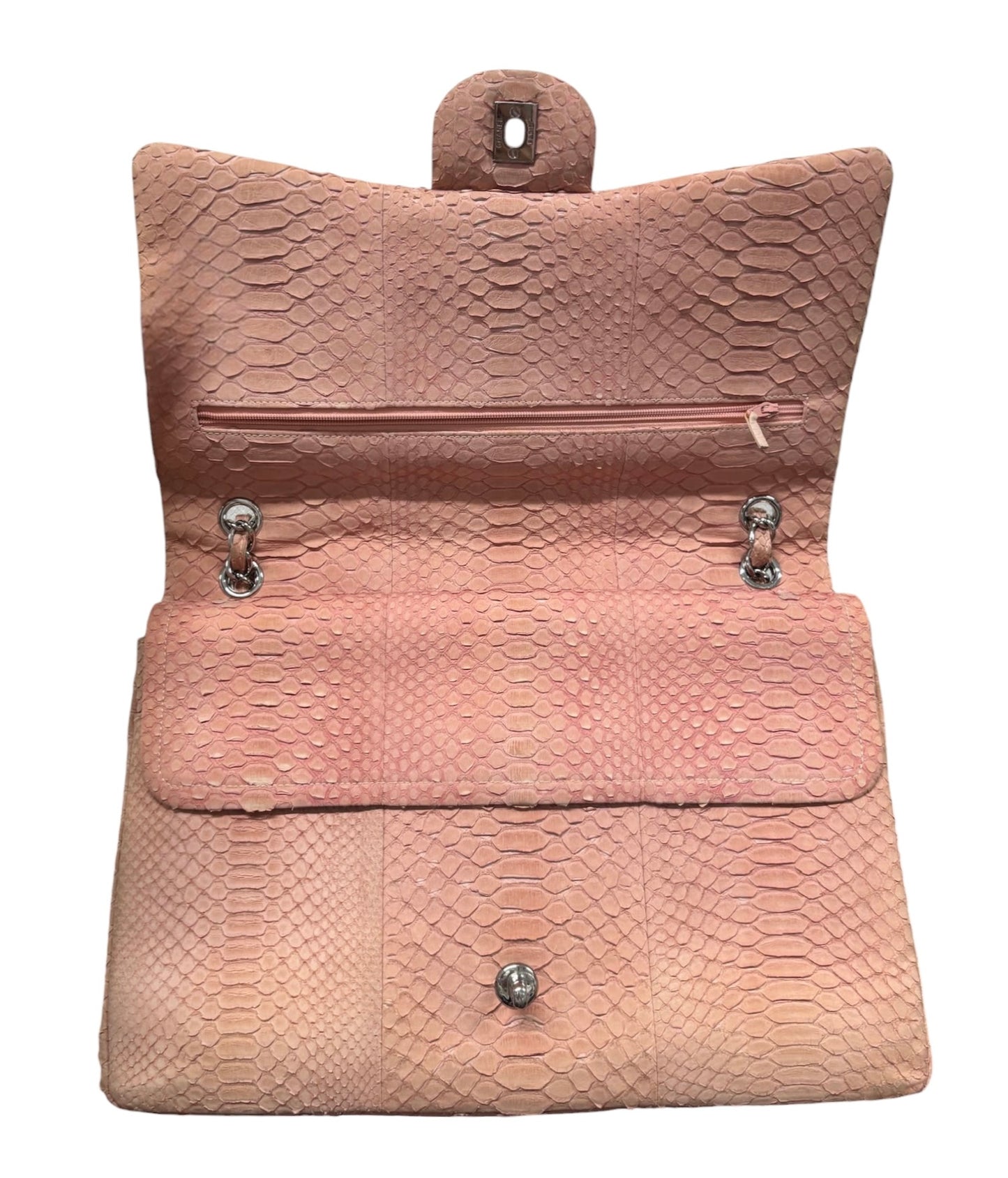 Chanel 2011 Rose Pink Python Classic Jumbo Double Flap Bag with Silver Hardware