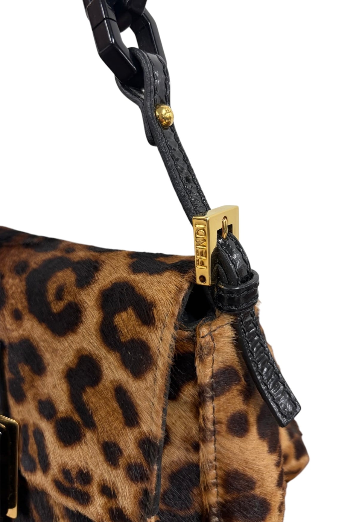 Fendi Vintage Leopard Print Pony Hair Marble Logo Mini Mamma Shoulder Baguette Bag