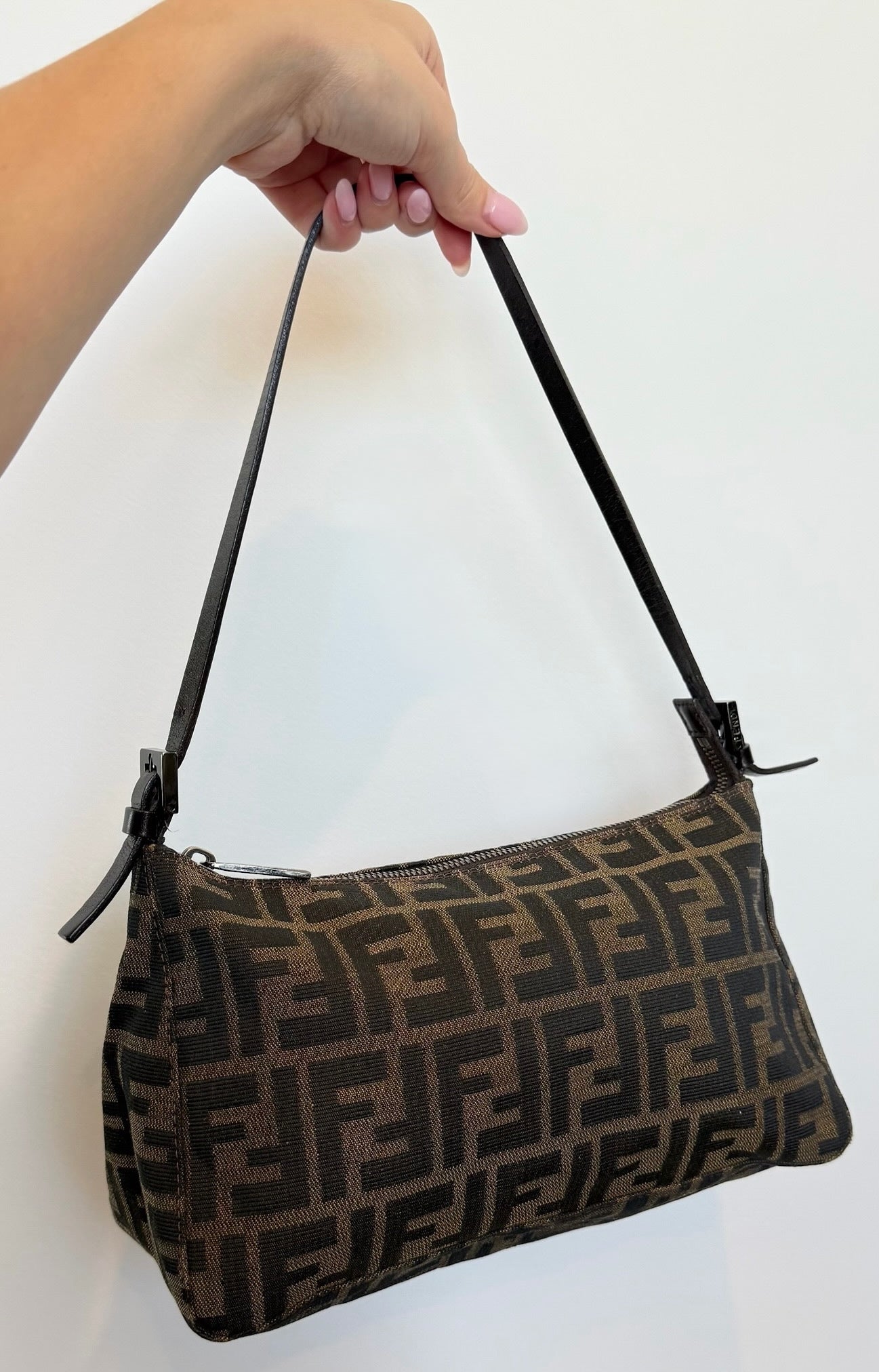 Fendi Vintage Classic Brown Zucca Monogram Medium Shoulder Pochette Bag