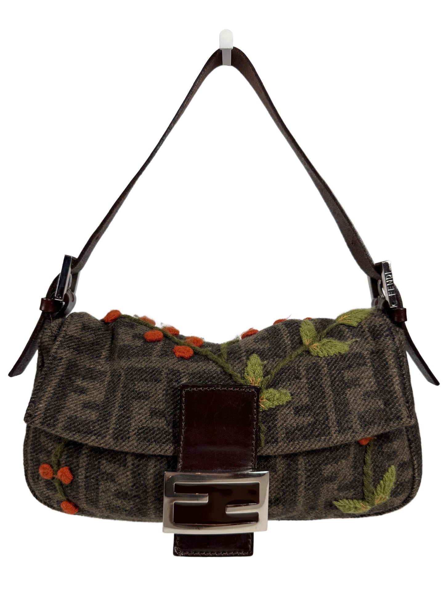 Fendi Vintage Brown Wool Zucca Monogram Cherry Embroidered Shoulder Baguette Bag 
