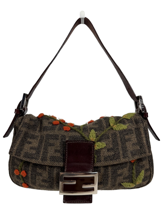 Fendi Vintage Brown Wool Zucca Monogram Cherry Embroidered Shoulder Baguette Bag 
