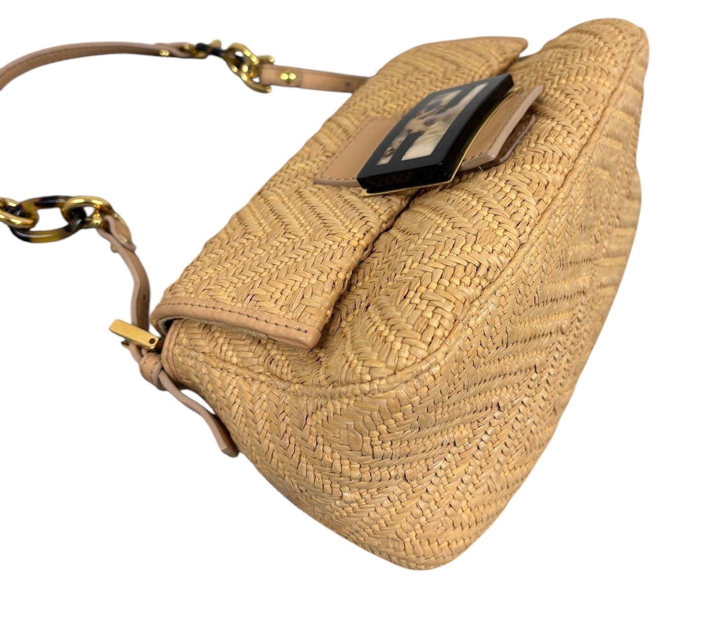 Fendi Vintage Beige Woven Chevron Raffia Marble Logo Mini Mamma Shoulder Baguette Bag