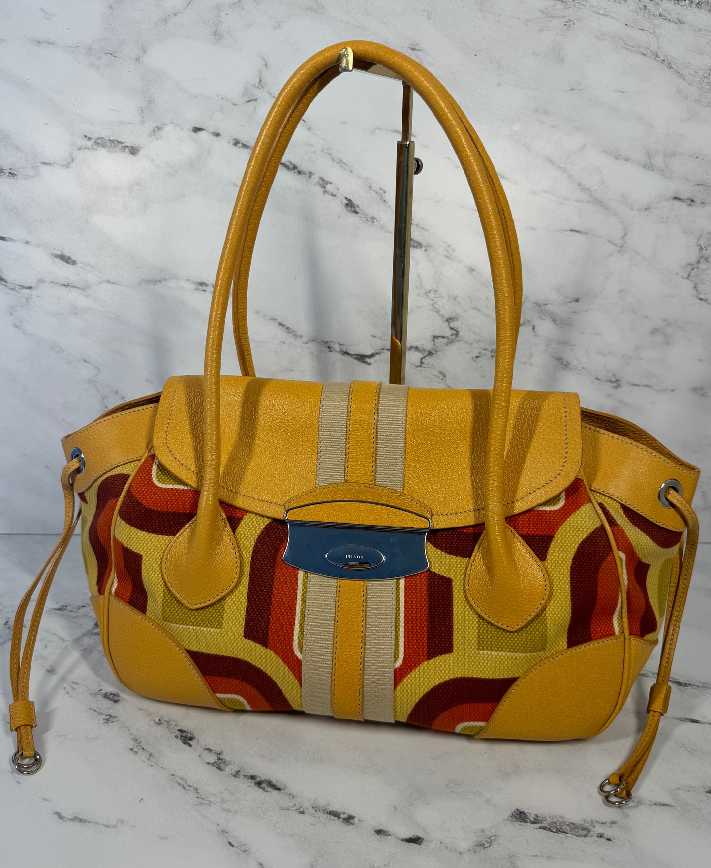 Prada Vintage Yellow Leather Geometric St. Soho Large Canapa Shoulder Bag