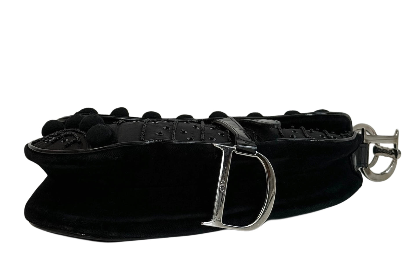 Dior Vintage Black Velvet Pom Pom Sequin Embellished Saddle Shoulder Bag #0544