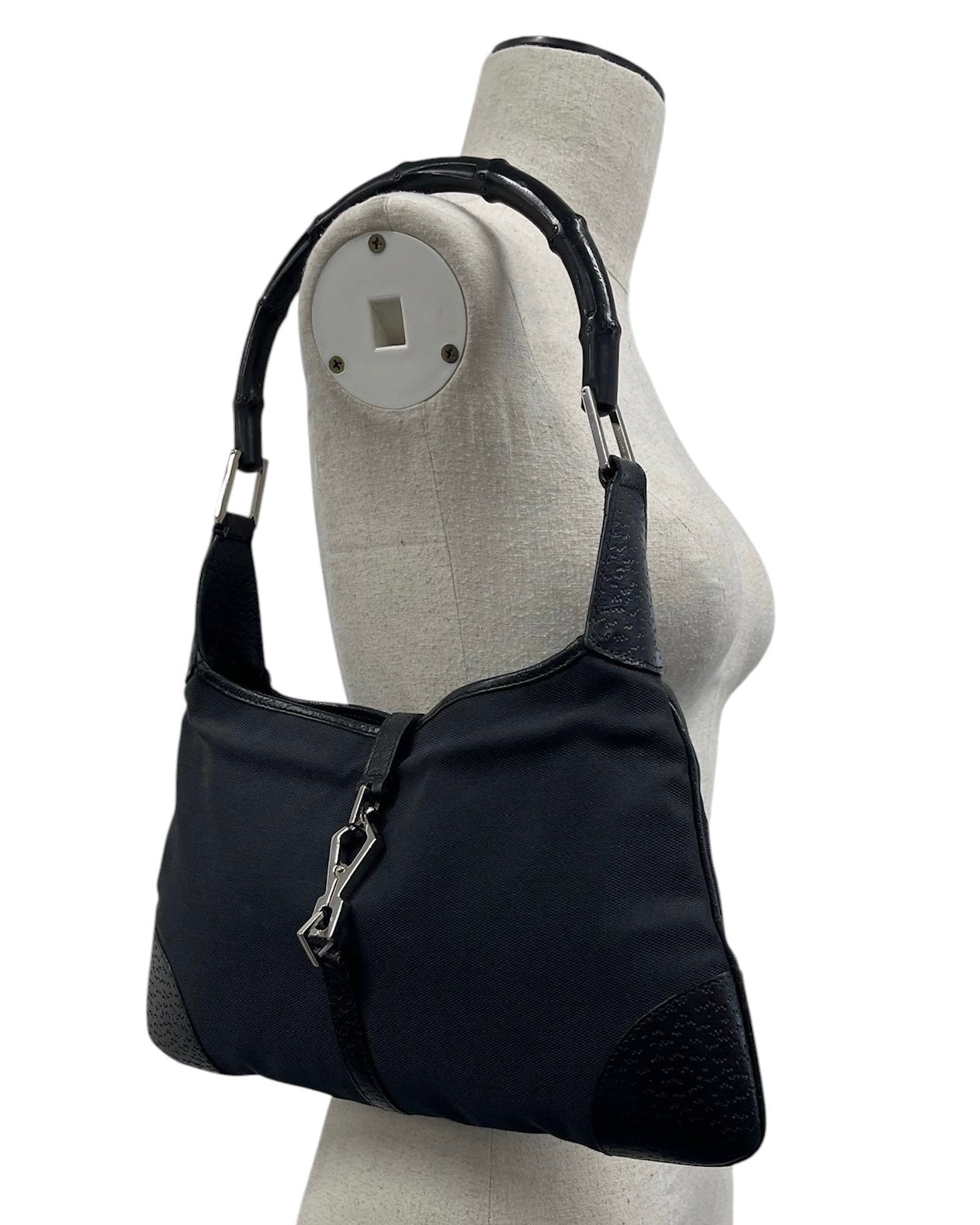 Gucci Vintage Black Canvas Leather Trim Bamboo Handle Small Jackie Shoulder Bag