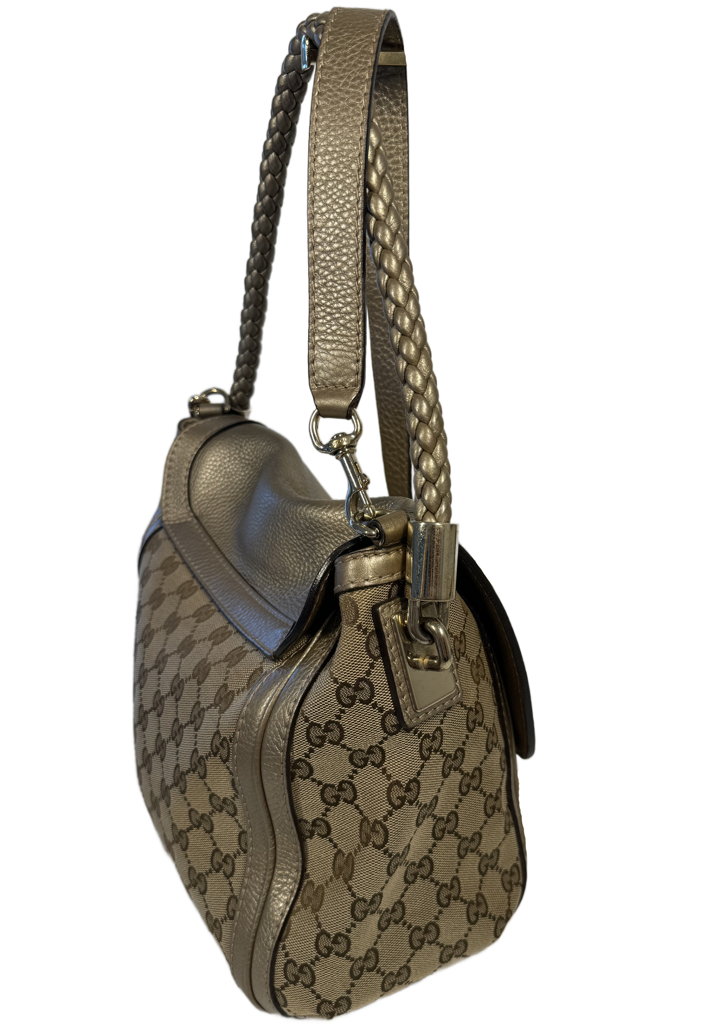 Gucci Vintage Brown GG Monogram Canvas & Gold Leather Bella Bow Flap Medium Shoulder & Crossbody Bag