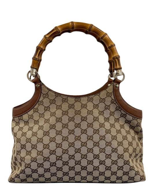 Gucci Vintage Brown GG Monogram Medium Bamboo Handle Shoulder Bag