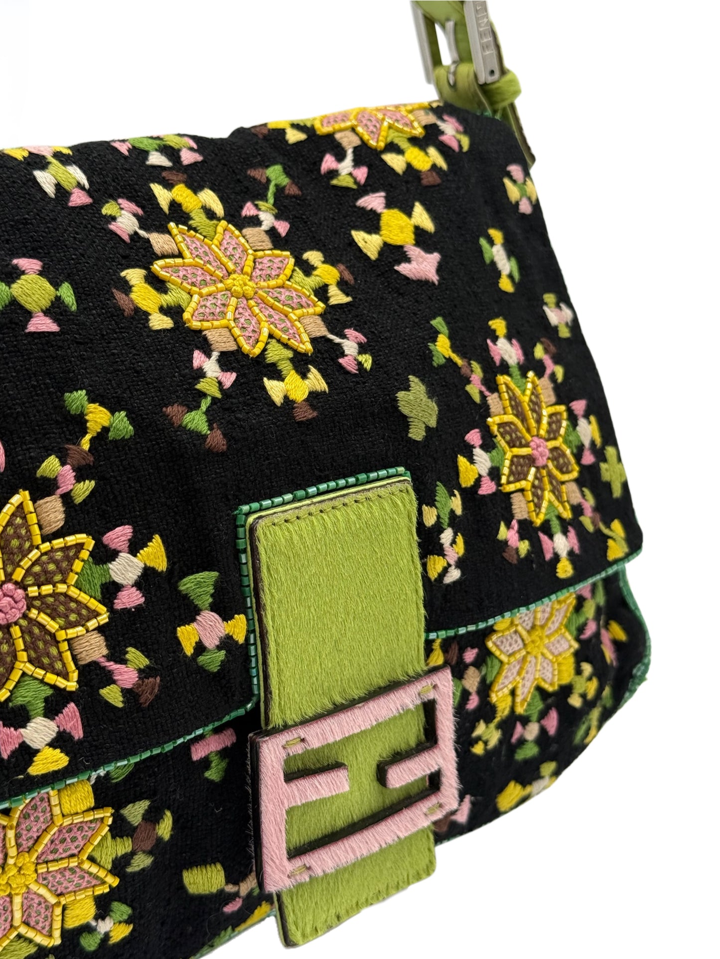 Fendi Vintage Black Knit Beaded Embroidered Aztec Print Mamma Baguette Shoulder Bag with Green Cow Print Pony Hair Trim