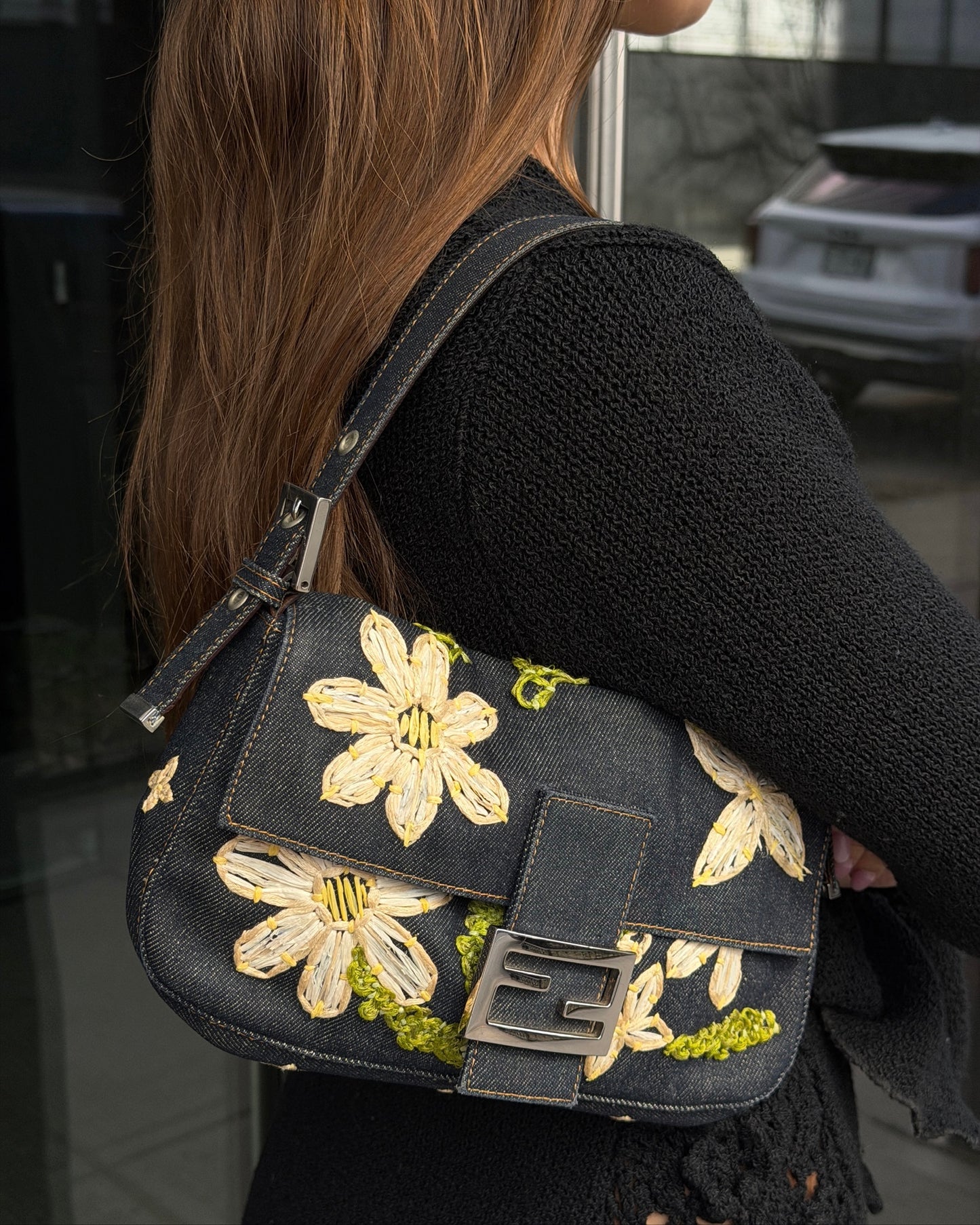 Fendi Vintage Blue Denim Tulle Floral Embroidered Shoulder Baguette Bag