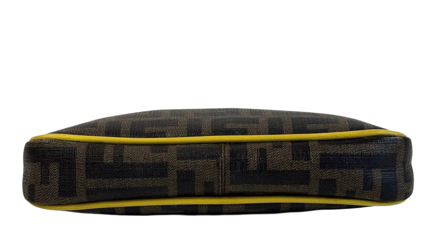 Fendi Vintage Brown Zucca Monogram Coated Canvas Pochette Bag w Yellow Leather Trim