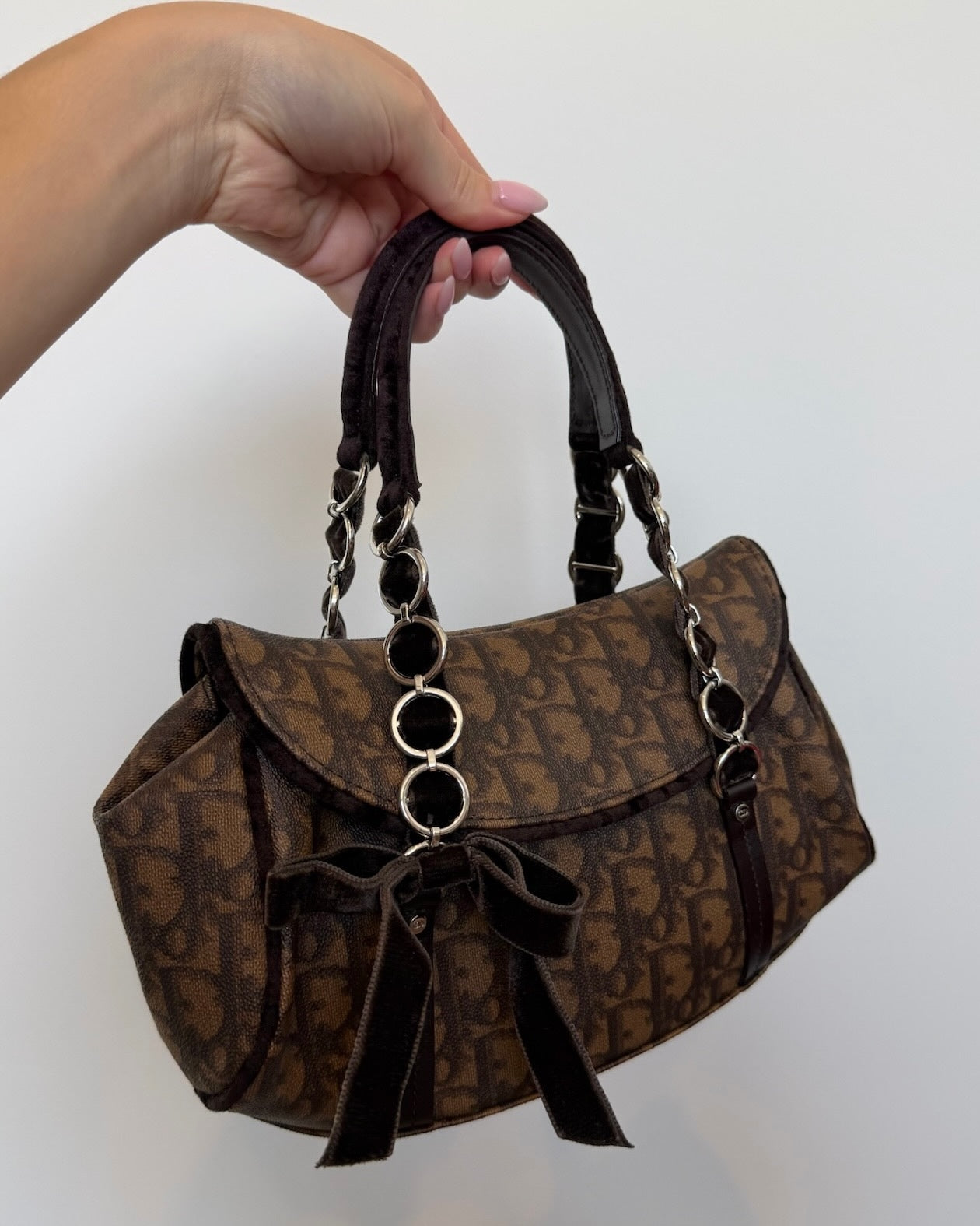 Dior Vintage 2005 Brown Diorissimo Monogram Canvas Small Romantique Velvet Bow Top Handle Bag