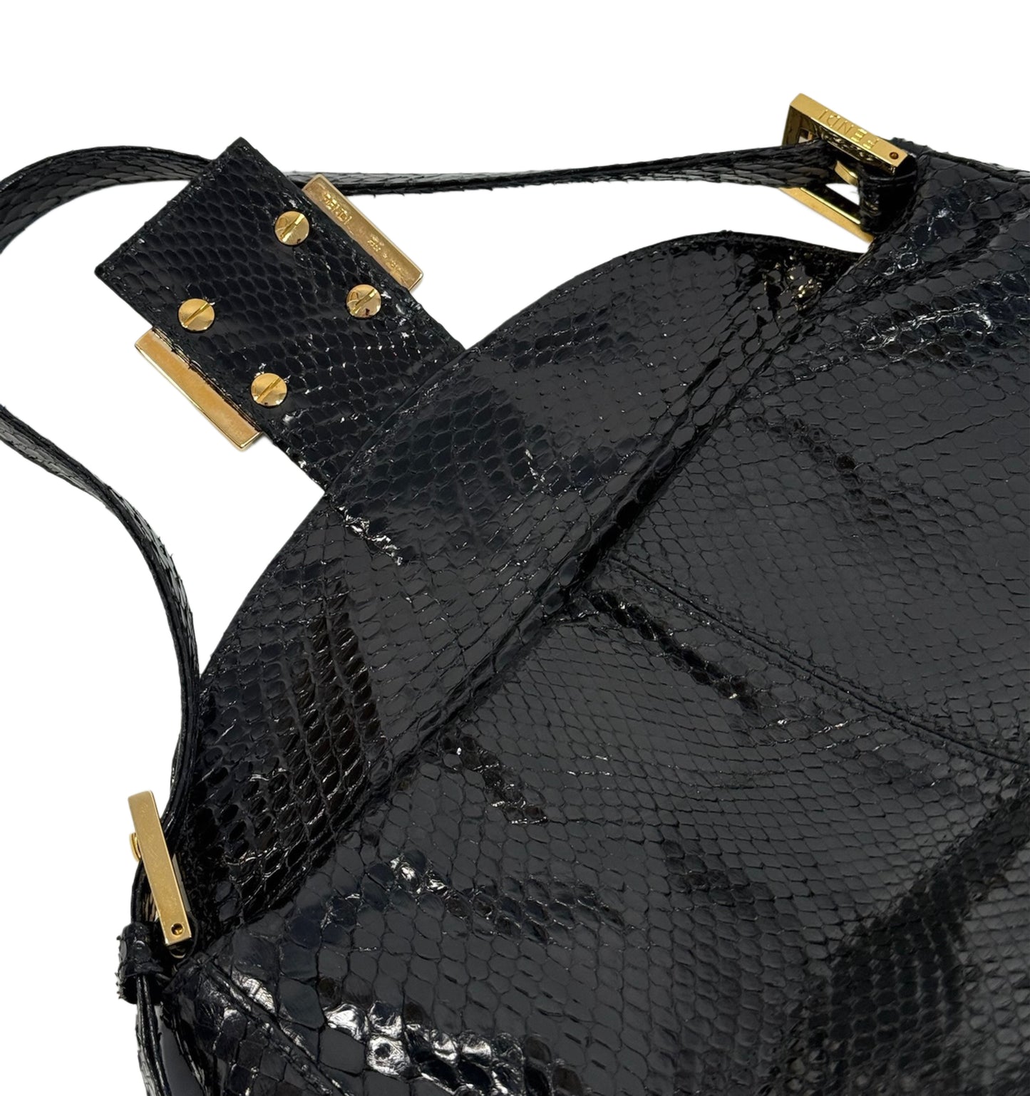 Fendi Vintage Black Snakeskin Double Flap Small Hobo Shoulder Baguette Bag