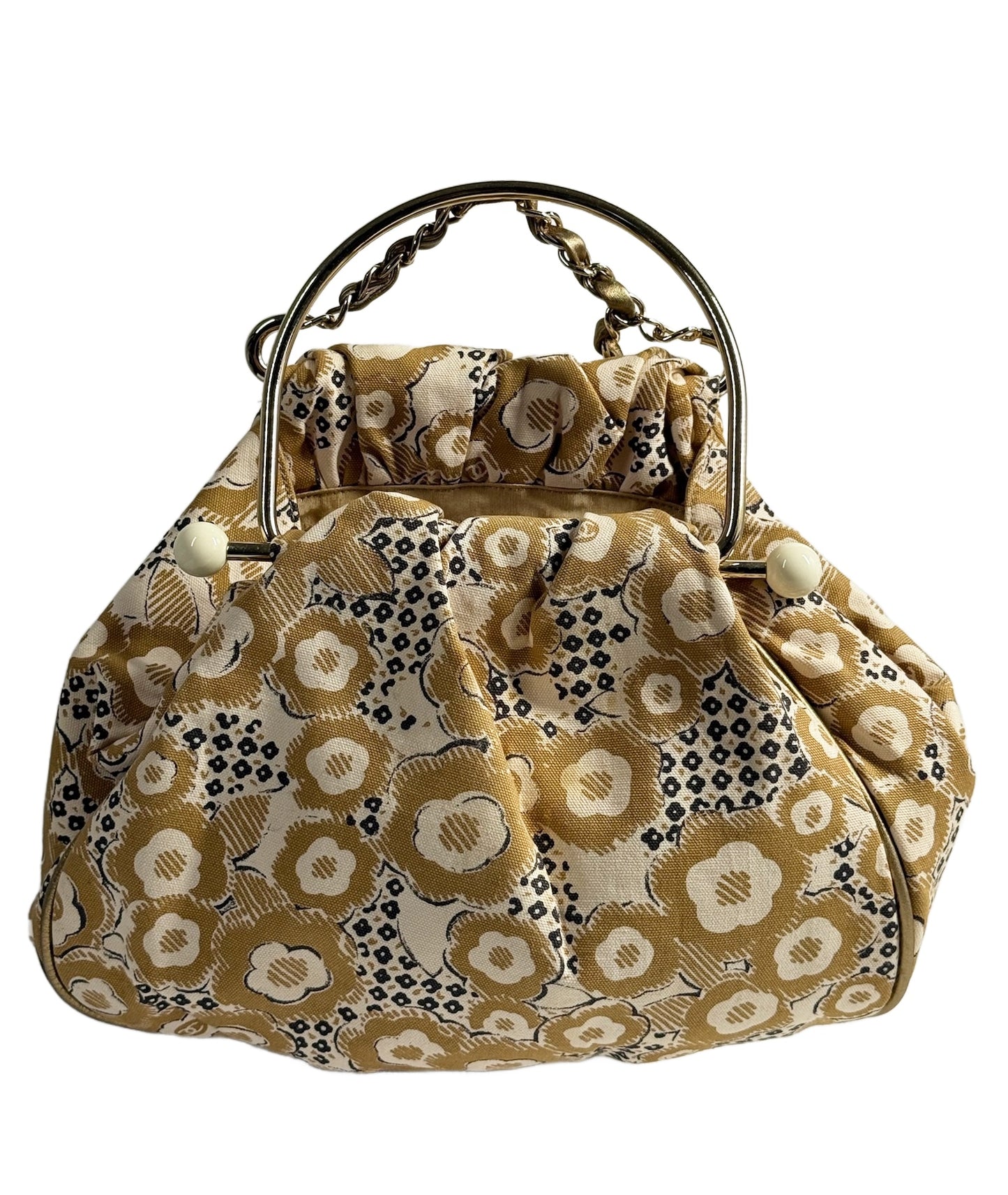Chanel Vintage 00s Beige Camelia Print Chain Top Handle Clutch Bag