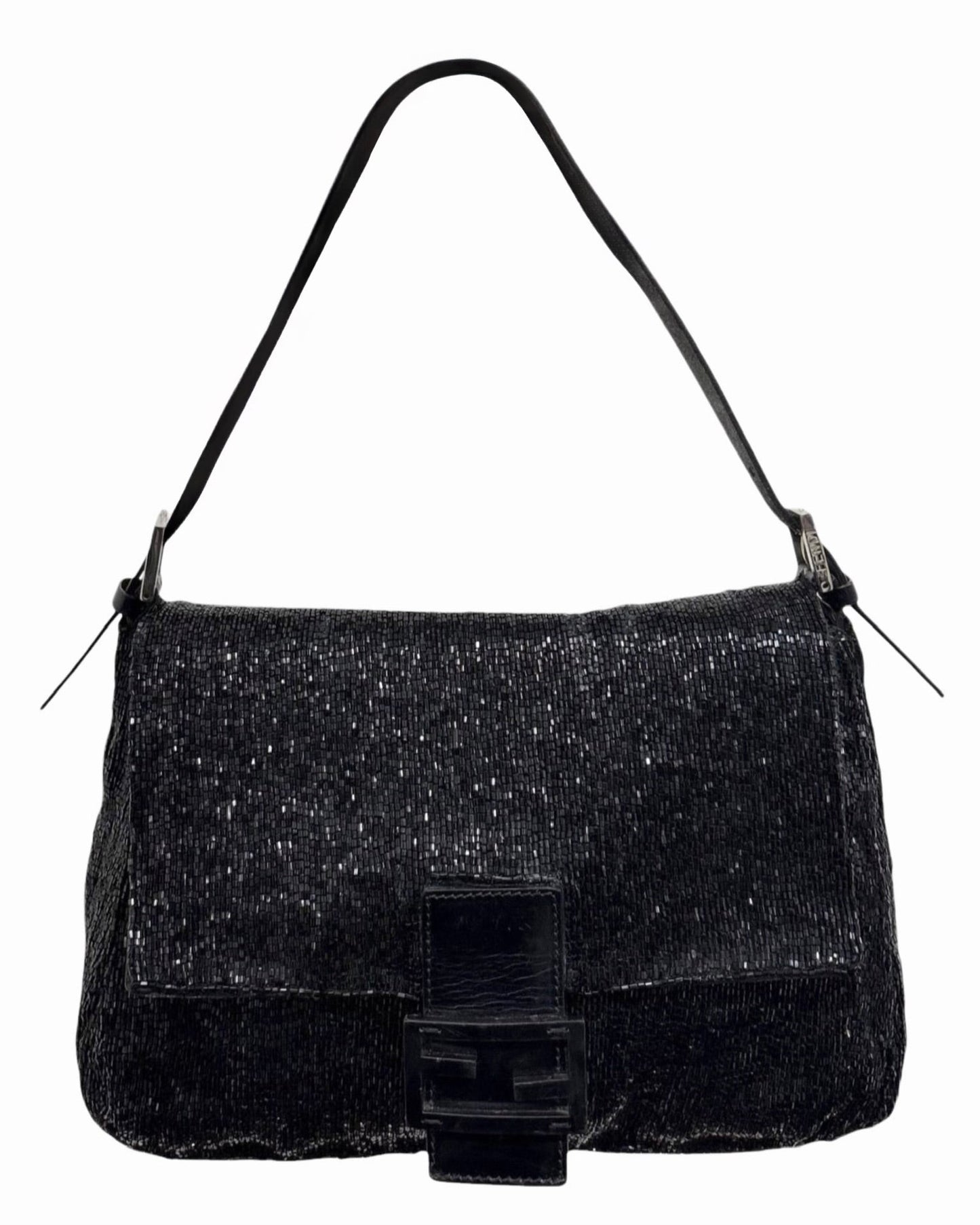 Fendi Vintage Black Beaded Leather Trim Mamma Baguette Shoulder Bag