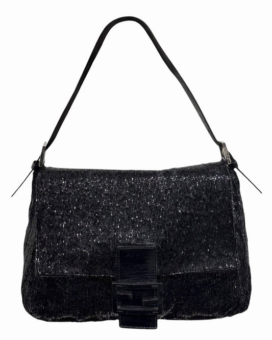 Fendi Vintage Black Beaded Leather Trim Mamma Baguette Shoulder Bag