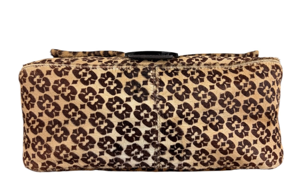 Fendi Vintage Light Beige Brown Geometric Print Pony Hair Shoulder Mamma Baguette Bag