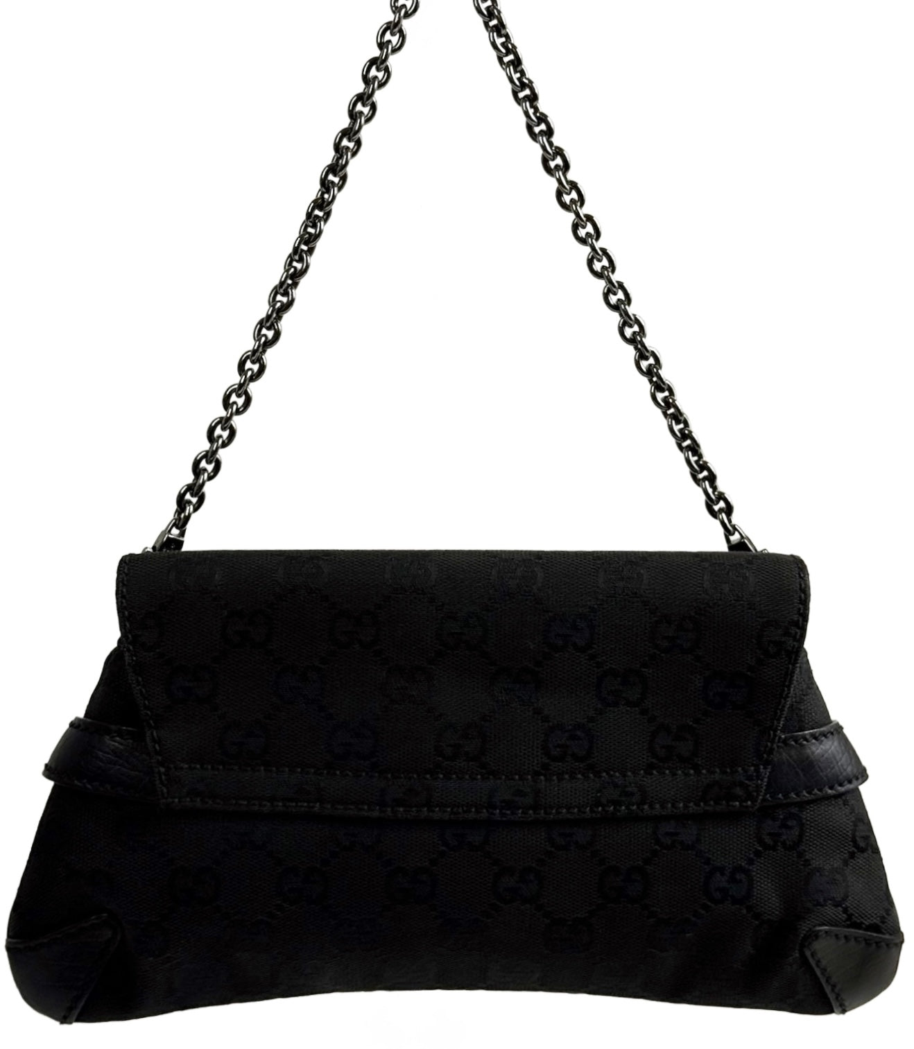Gucci Vintage Black GG Monogram Small Horsebit Shoulder Clutch Pochette Bag