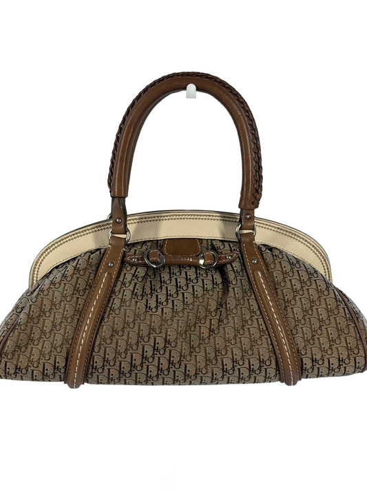 Dior Vintage 2006 Diorissimo Brown Monogram Canvas White Leather Braided Trim Top Handle Bag