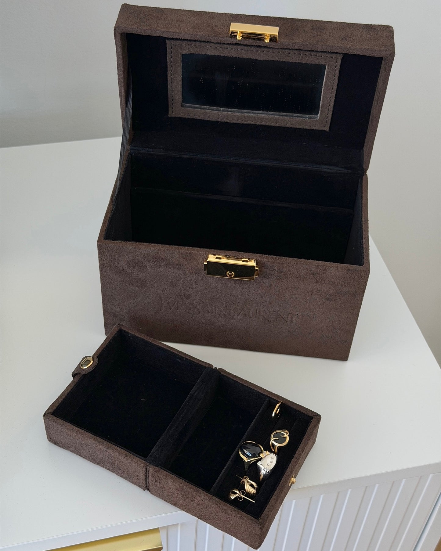 YSL / Yves Saint Laurent Vintage Brown Suede Mini Trunk Vanity Jewelry Case Box