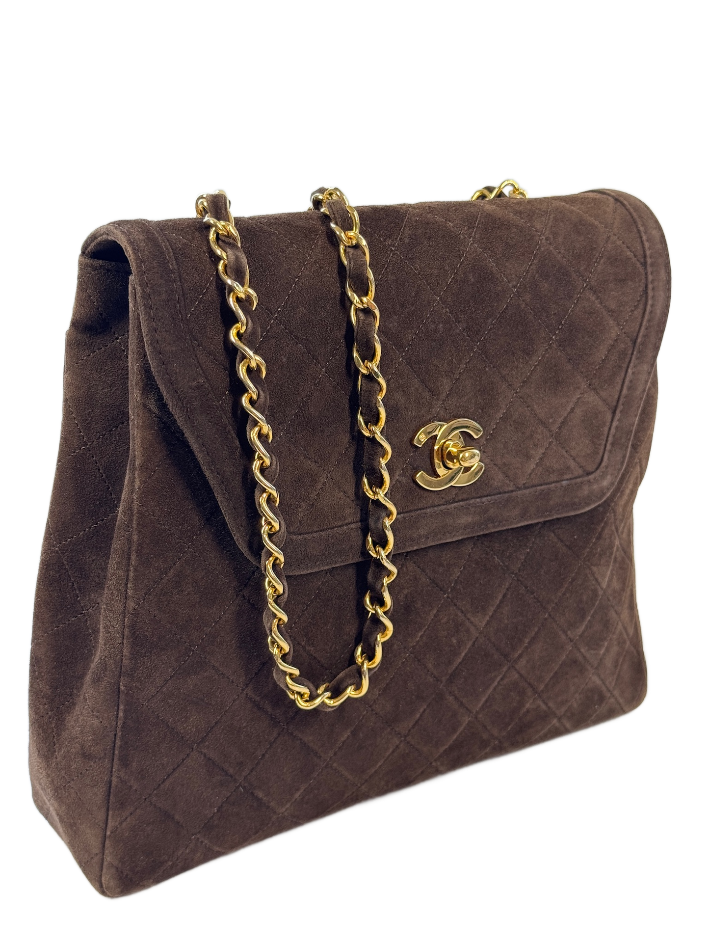 Chanel Vintage Late 80s Brown Suede Quilted Trapezoid Classic Flap Crossbody Shoulder Bag
