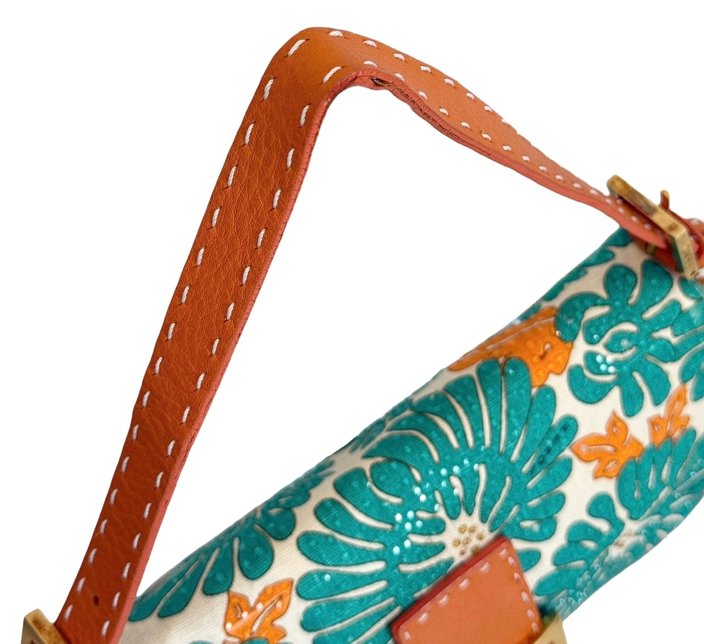 Fendi Vintage Turquoise & Orange Crystal Floral Selleria Leather Trim Shoulder Baguette Bag